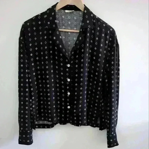 A.N.A | Women's  Black w/ White Diamond Collard Button Up Long Sleeved Top - Picture 1 of 5